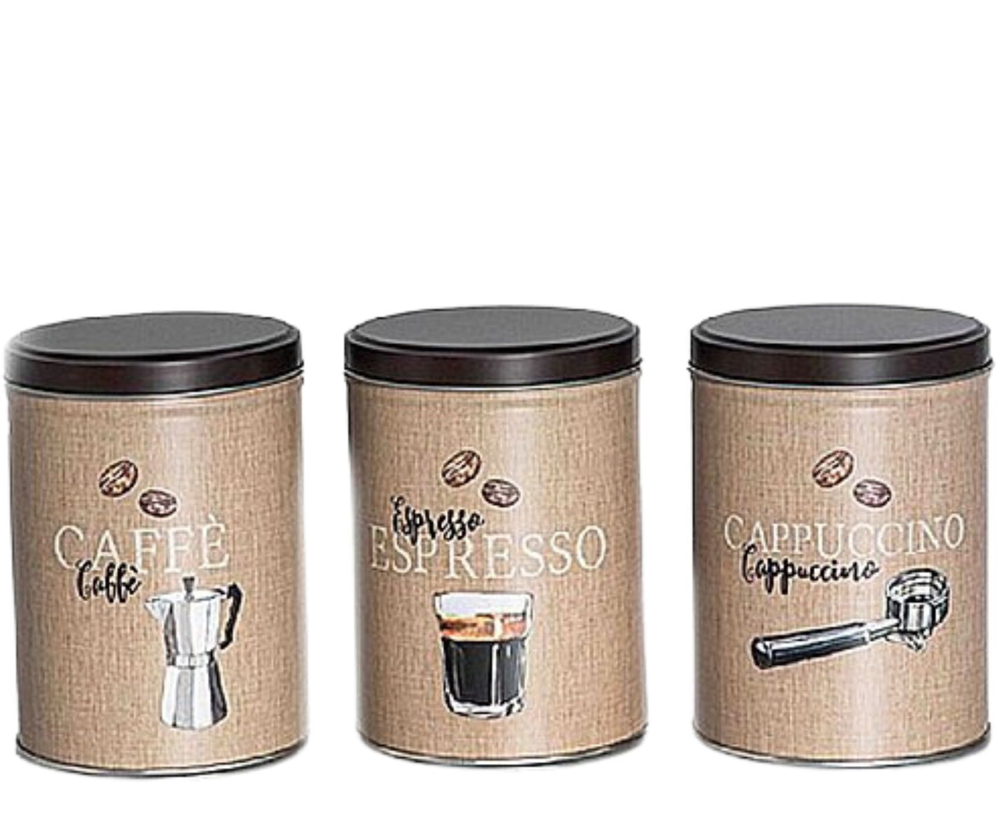 250g round tin cans in coffee design - Espresso / Cappuccino / Caffè